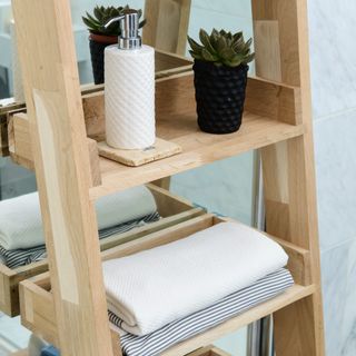 Bathroom shelves of wood with towels, a plant and body lotion dispenser