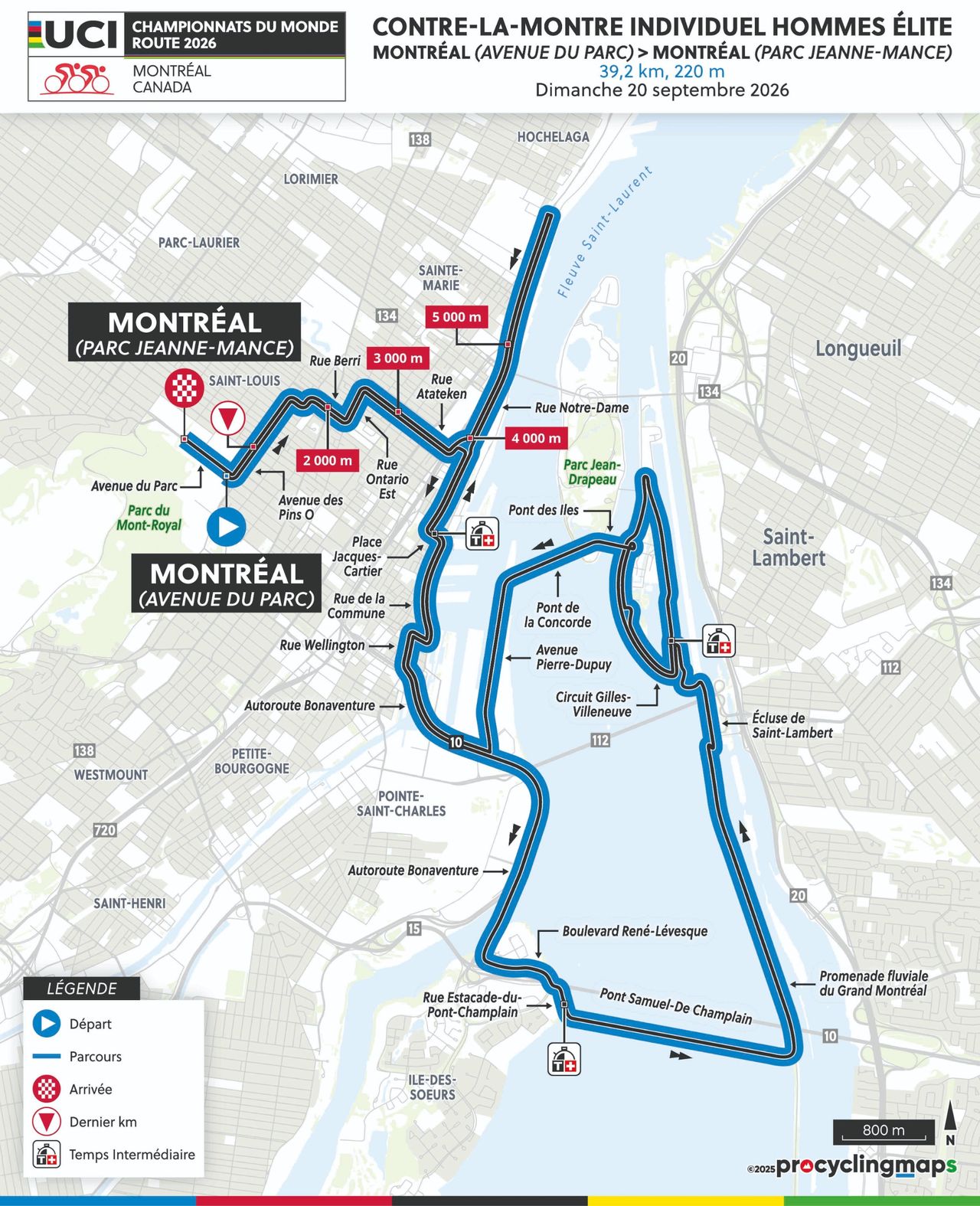 Route map and profile for elite men's and women's time trials