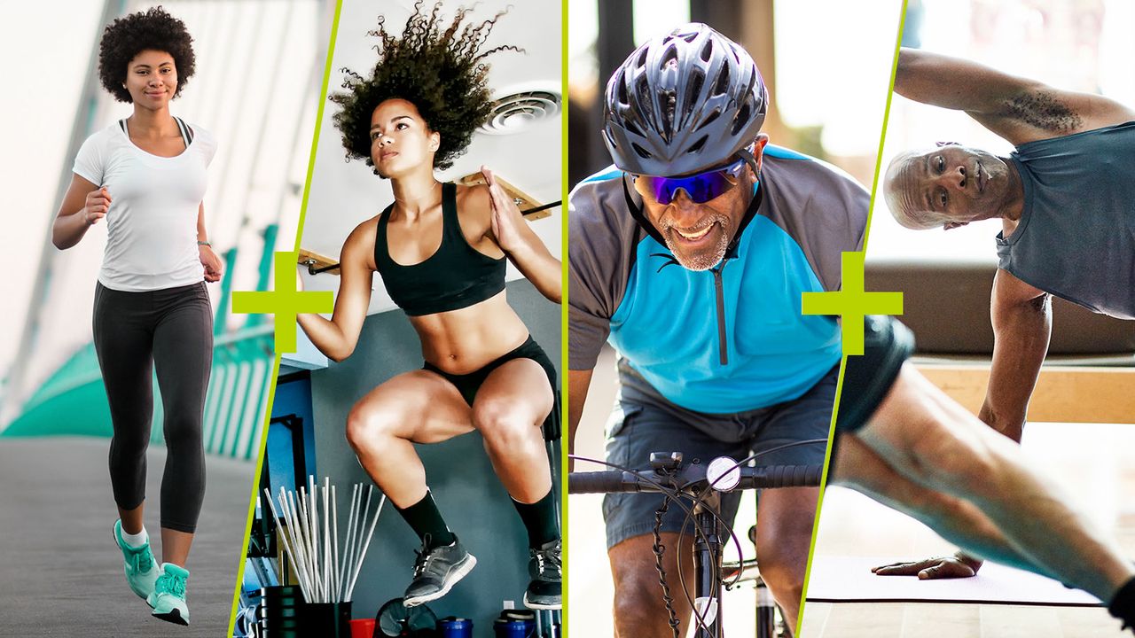 Split image showing a woman running, a woman dong plyometrics jumping onto a box, a man cycling and a man doing Pilates