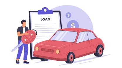 Illustration of a man holding a car key standing next to his car and a clipboard with a paper reading "loan" on it
