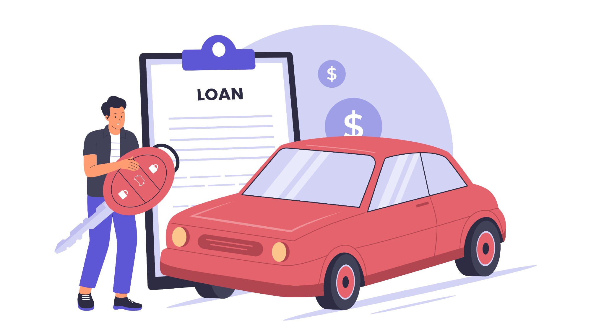 Illustration of a man holding a car key standing next to his car and a clipboard with a paper reading "loan" on it