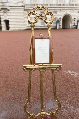 The official notice outside Buckingham Palace announcing the birth on July 22 of The Duke and Duchess of Cambridge's first child at The Lindo Wing in St Mary's Hospital