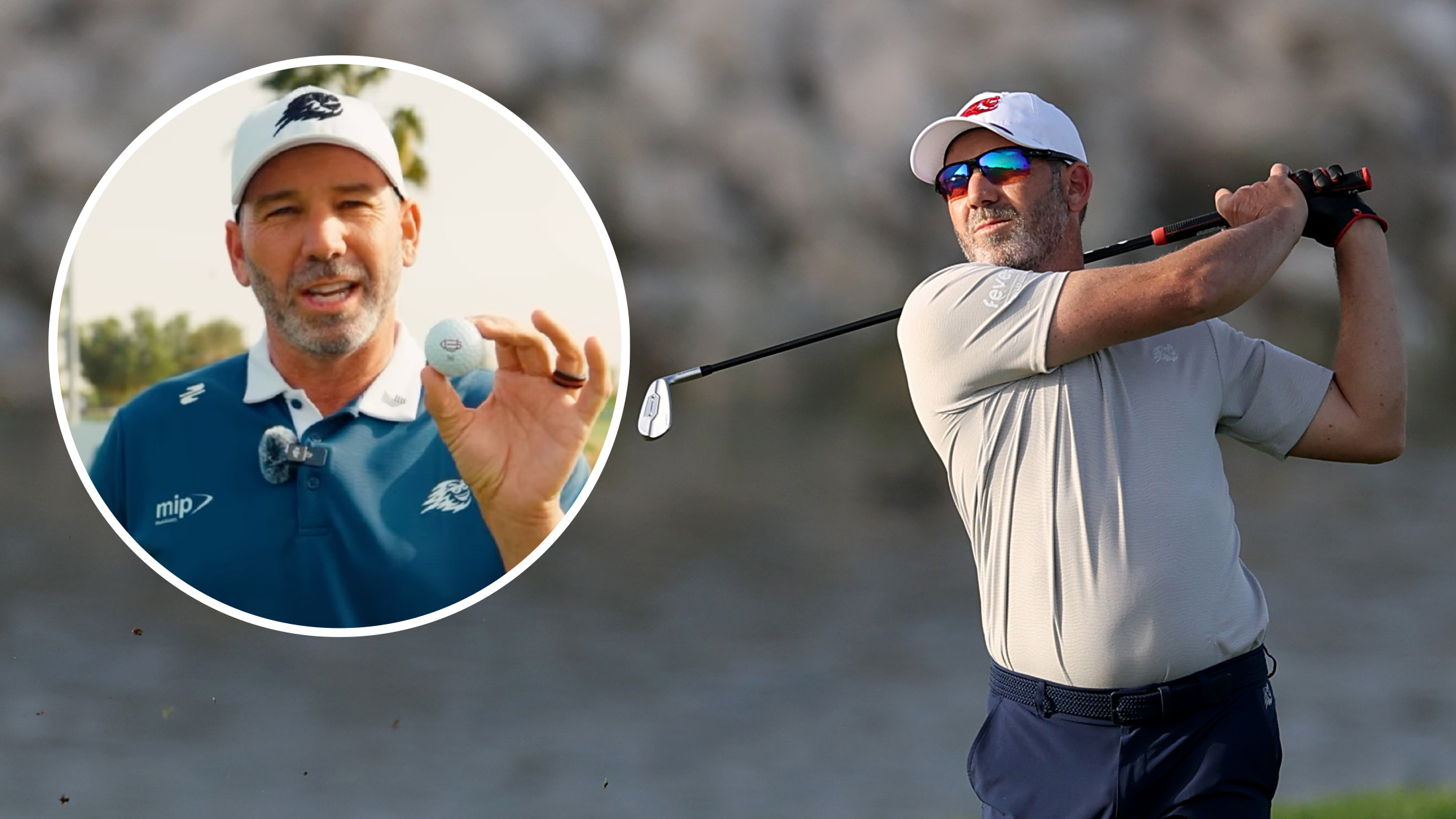 Sergio Garcia holds his finish on an iron shot and an inset of him holding up a golf ball to camera
