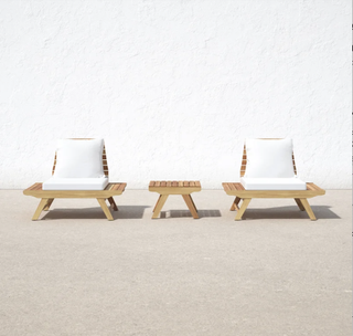 Modern wide seat wood panel outdoor chair set from Wayfair.