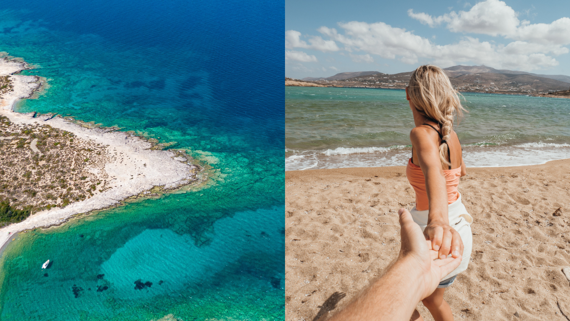 A split photo shows an aerial view of the coat of Antiparos island, Greece, and a woman leading a man by the hand towards the sea