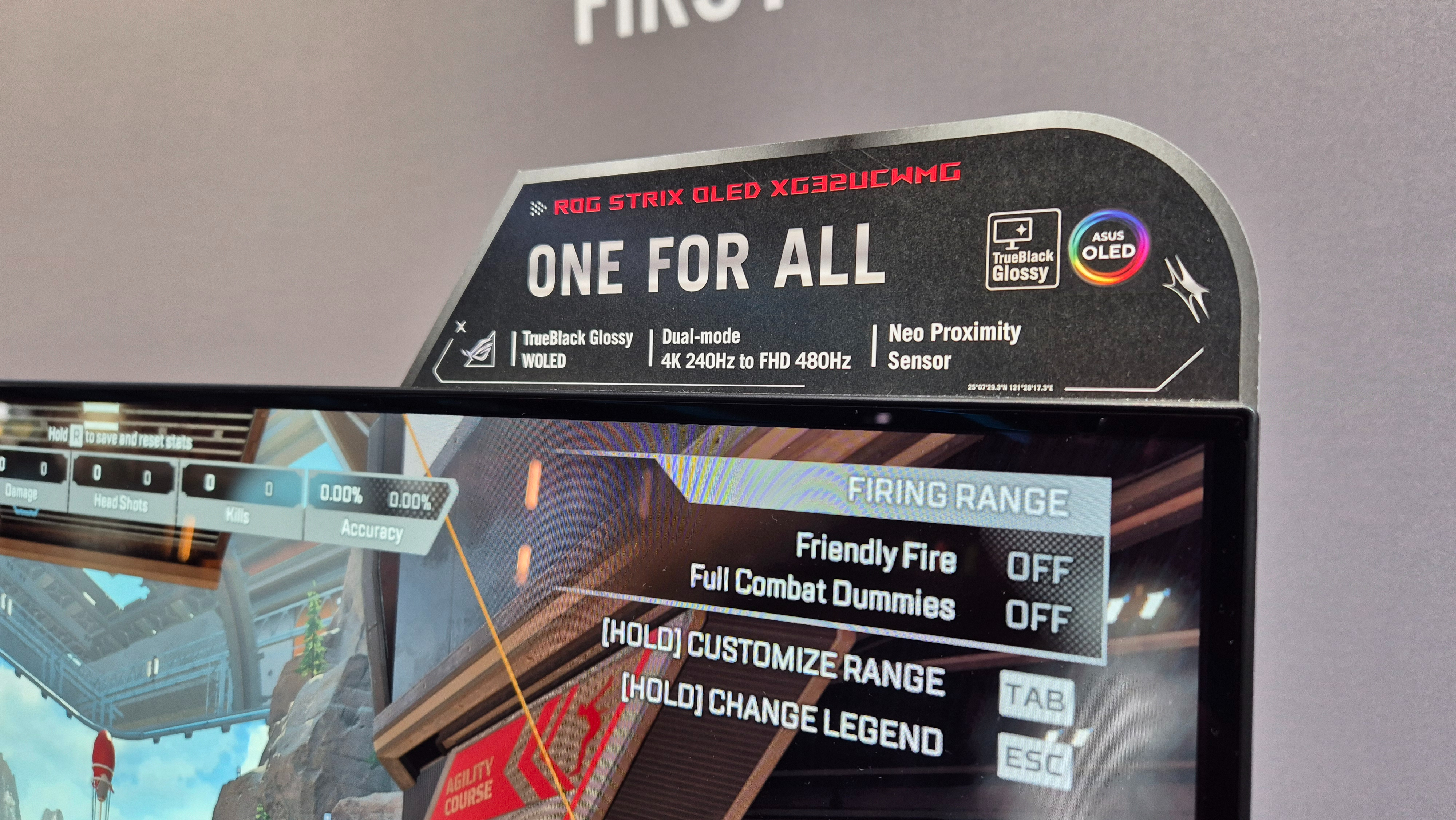 The Asus ROG Strix OLED XG32UCWMGspecs card on top of the monitor