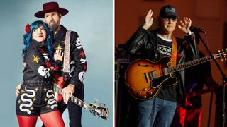 Robin Davey and Greta Valenti of Beaux Gris Gris & The Apocalypse [left]; and Joe Bonamassa wears a ball cap and plays an ES-335 at B.B. King's Blues Summit 100.
