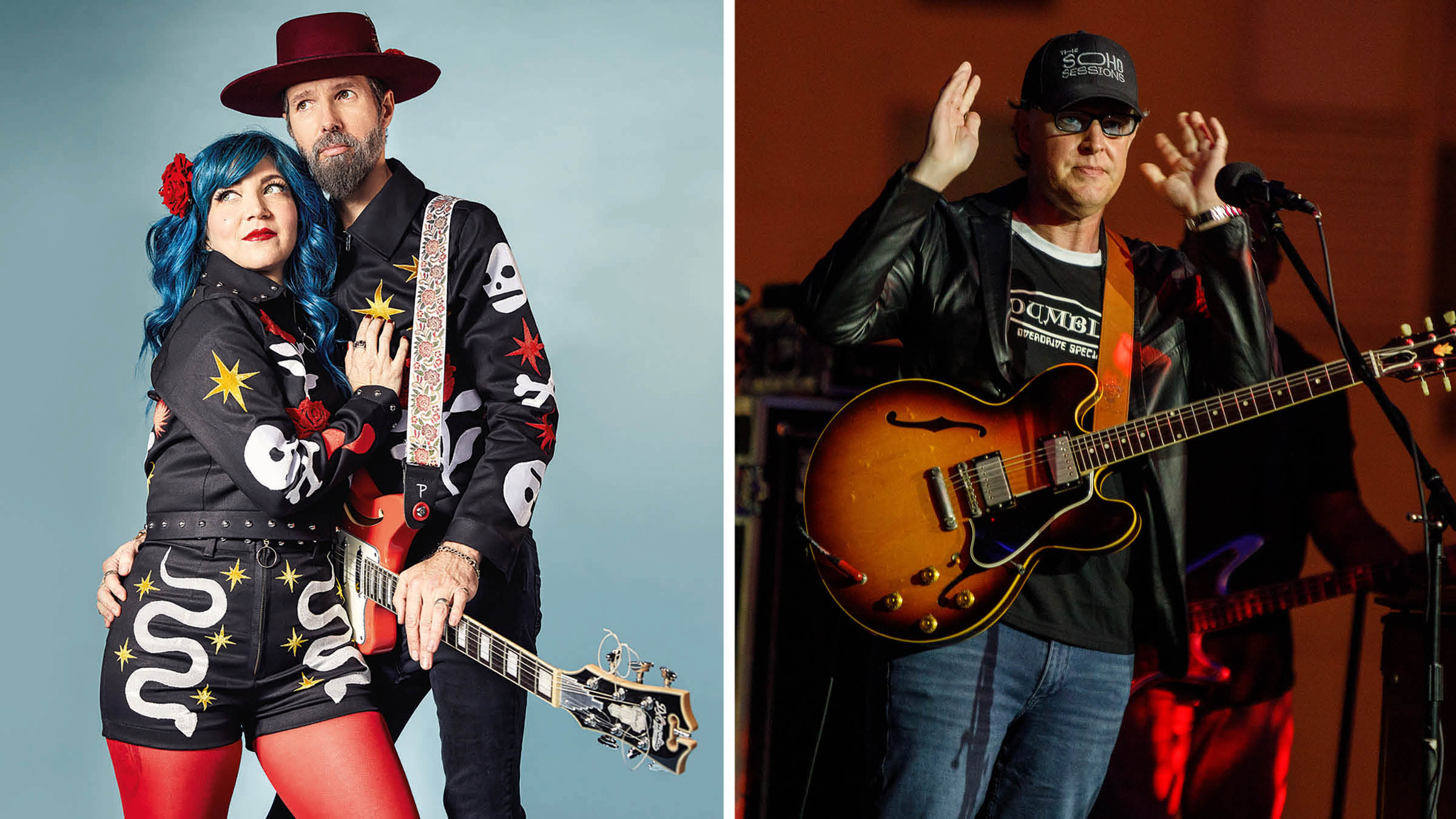 Robin Davey and Greta Valenti of Beaux Gris Gris &amp; The Apocalypse [left]; and Joe Bonamassa wears a ball cap and plays an ES-335 at B.B. King's Blues Summit 100.