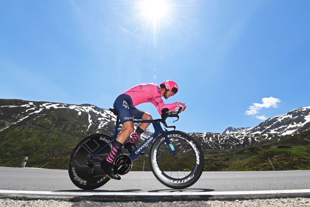 ANDERMATT SWITZERLAND JUNE 12 Jonas Rutsch of Germany and Team EF Education Nippo during the 84th Tour de Suisse 2021 Stage 7 a 232km Individual Time Trial stage from DisentisSedrun to Andermatt ITT Mountains Snow Landscape UCIworldtour tds tourdesuisse on June 12 2021 in Andermatt Switzerland Photo by Tim de WaeleGetty Images