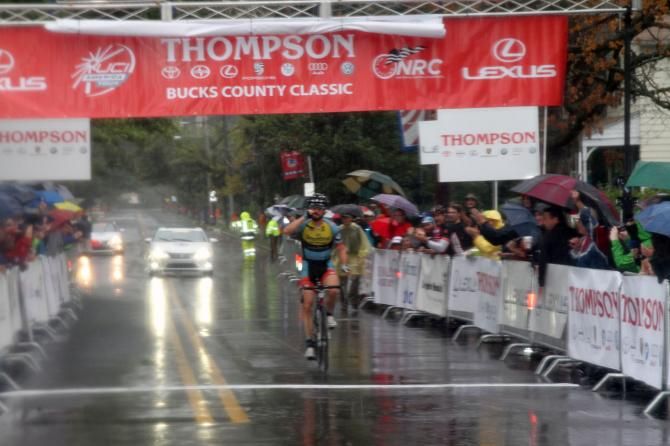 Zachary BELL (Team Smartstop Pro Cycling) takes the Thompson Bucks County Classic win. Infront of some brave fans in the rain.