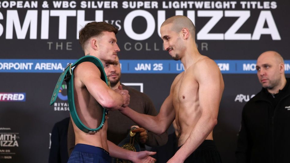 NOTTINGHAM, ENGLAND - JANUARY 24: Dalton Smith and Walid Ouizza face off at the weigh in before the Smith vs Ouizza fight, on January 25, 2025 in Nottingham, England. 