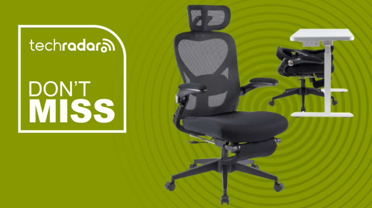 FlexiSpot Foldex office chair on a green background next to a TechRadar badge reading 'Don't Miss'