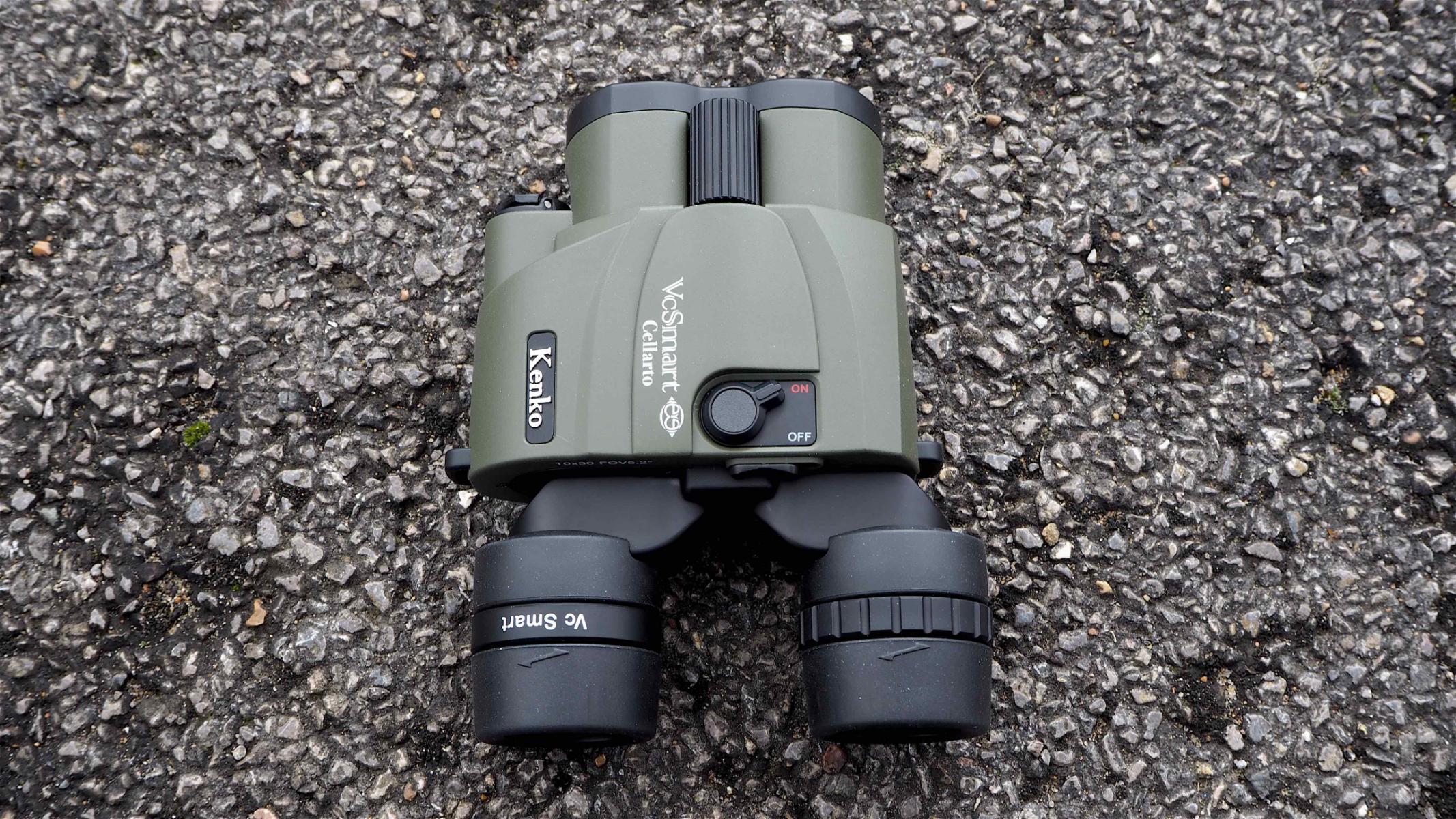Kenko VC Smart Cellarto 10x30 WP binoculars, on a stone wall.