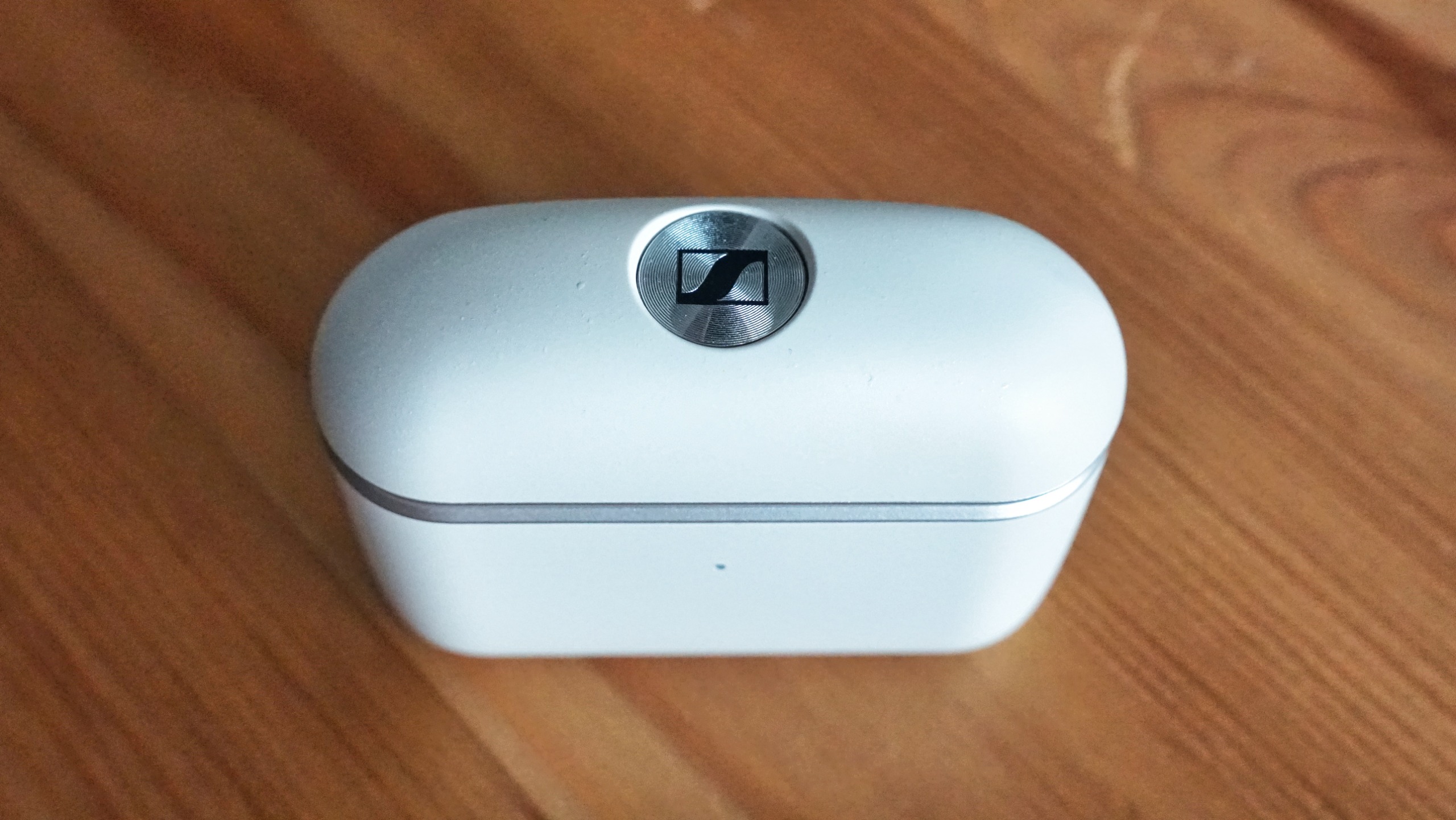 Sennheiser Momentum True Wireless 5 in white, showing details of the buds held in a hand