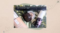 a beige backdrop with images of clinique foundation, illamasqua mascara, charlotte tilbury eyeshadow and benetint on a palm print makeup bag with airplane illustrations beside