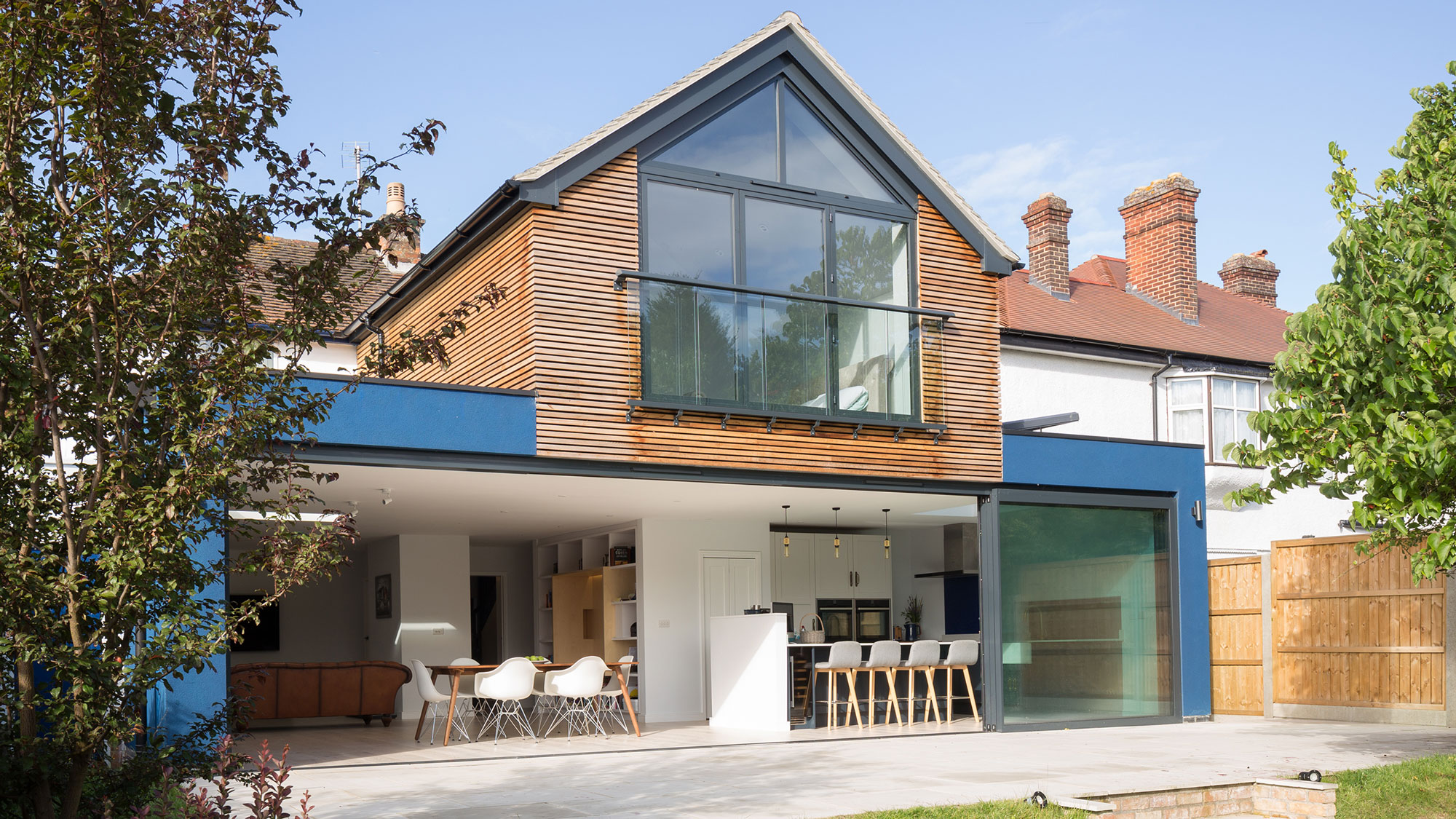 modern two storey extension with Juliet balcony and sliding doors
