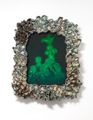 Doomsdayers – Amia Yokoyama. Perfect World Mirror. 2024. Ceramic, glaze, obsidian, holographic print, glass, wood