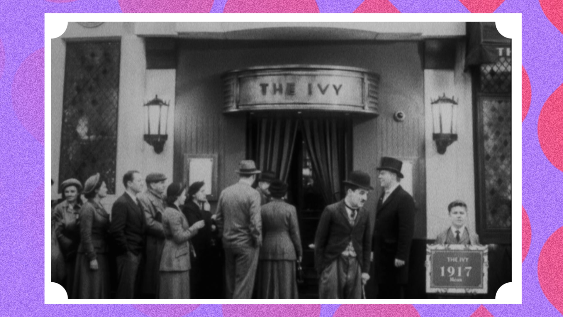 an archive image of the original ivy with people queuing to get in, with charlie chaplin standing outside