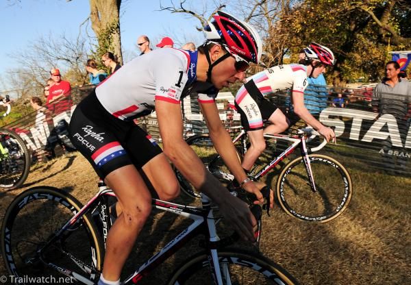 Jeremy Powers (Rapha Focus) riding with teammate Zach McDonald on lap one