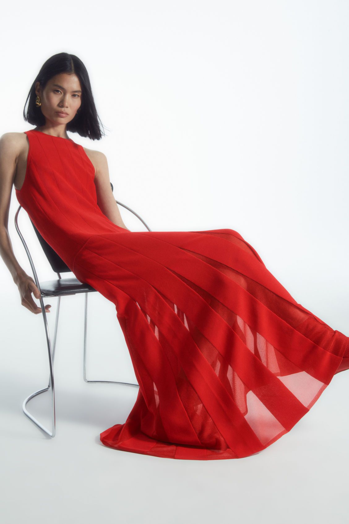 Pleated Racer-Neck Maxi Dress