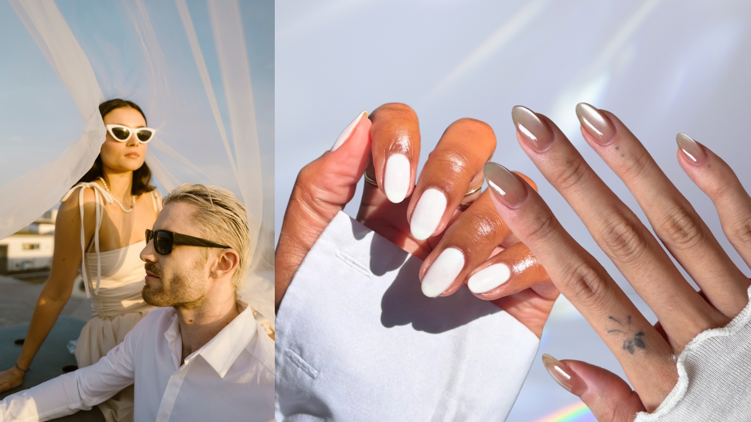 a bride and groom next to two bridal manicures on a silver background