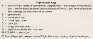 Aztec's controls, with F for Fight Mode and M for slash downwards with machete