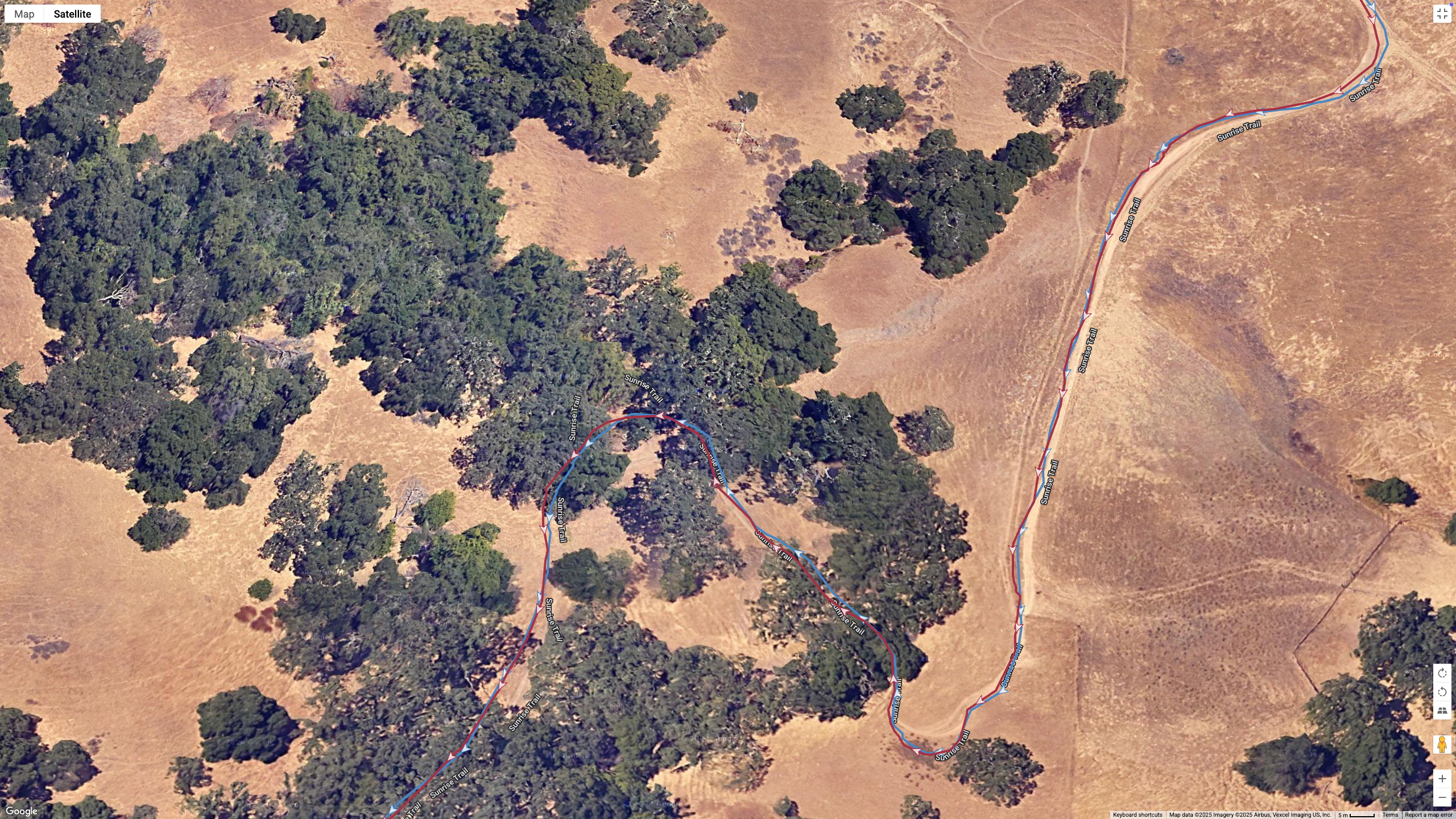 A Google satellite map showing how the Garmin Venu X1's all-systems GNSS line (blue) compares to the Garmin Forerunner 970's dual-frequency GPS line (red) for accuracy during a hike with plenty of tree cover.