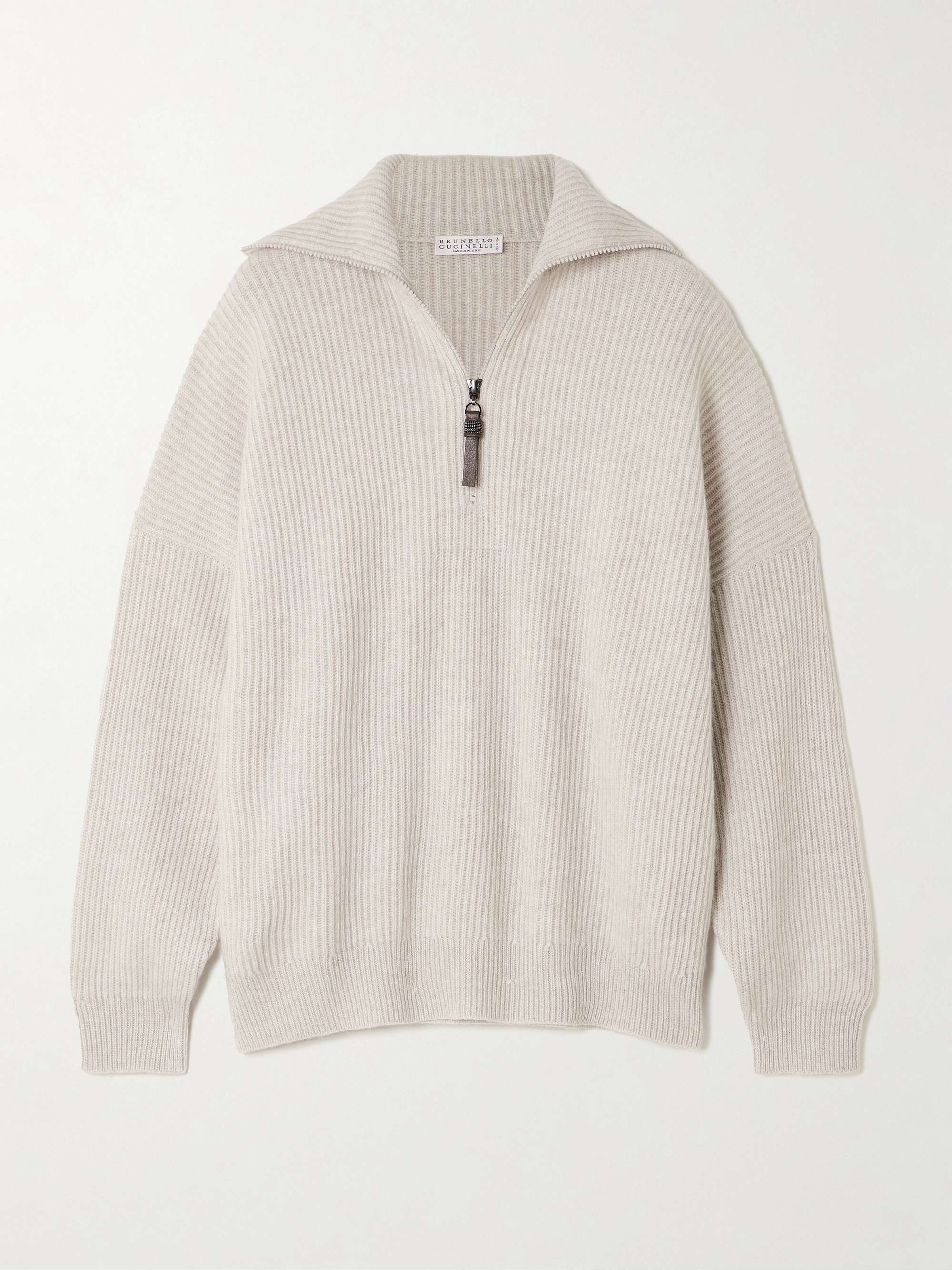 Bead-Embellished Ribbed Cashmere Half-Zip Sweater