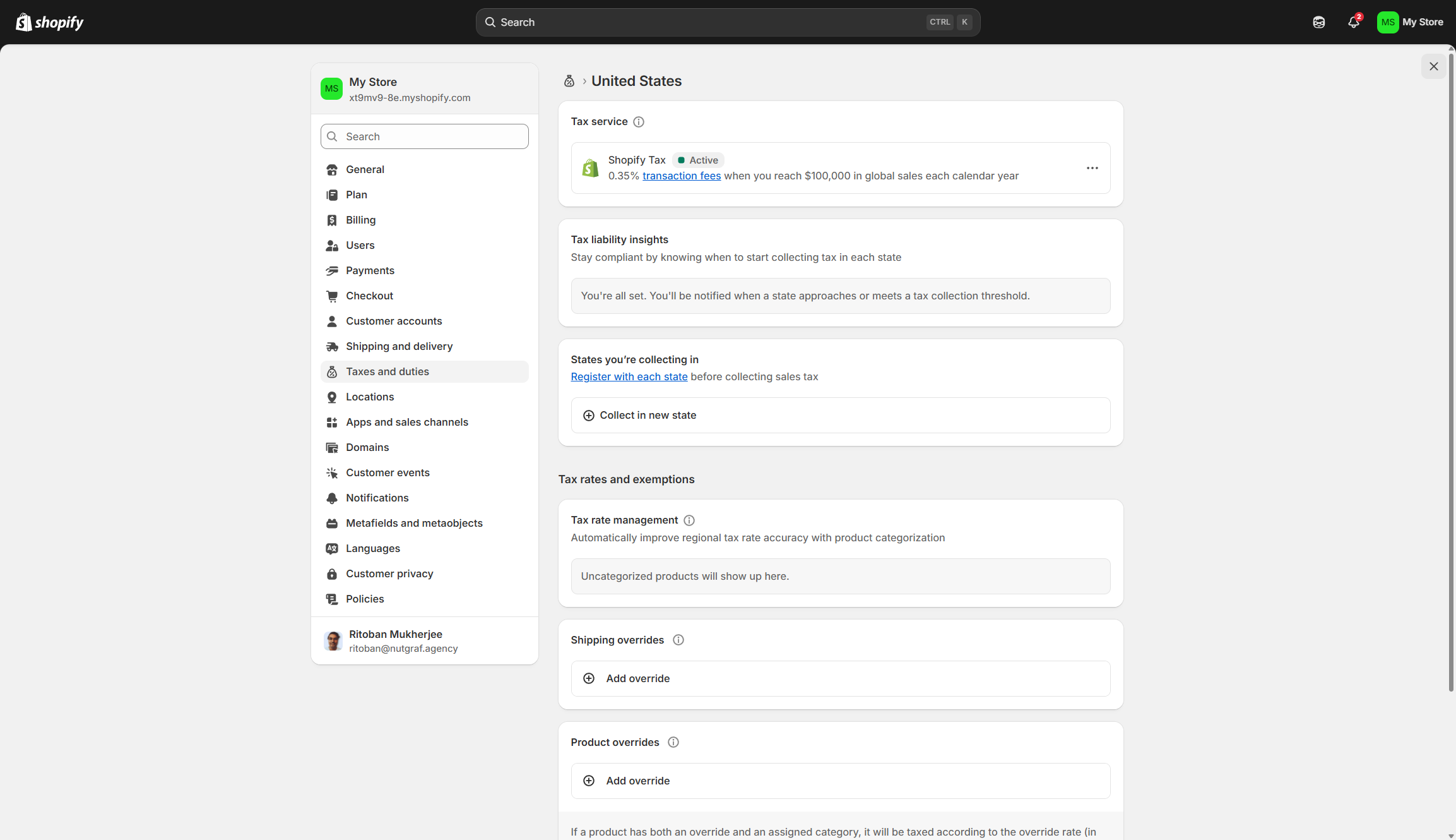Screenshot of Shopify tax calculator.