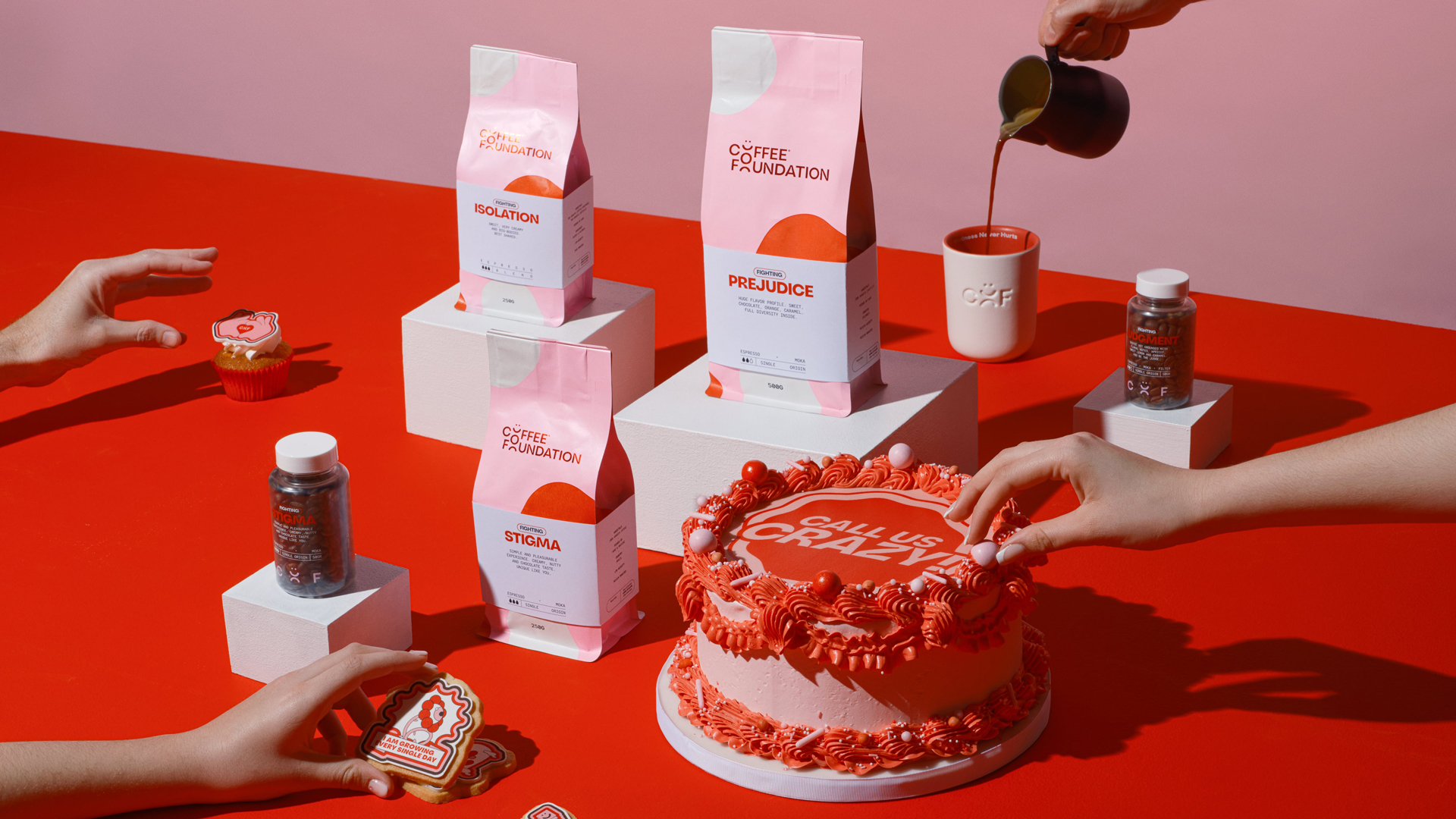 coffee branding and cake that says call me crazy on it