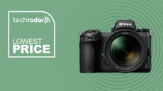 Nikon Z7 II on green background with lowest price text overlay