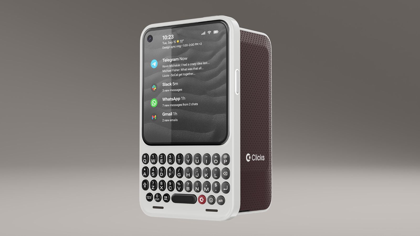Front and back views of the Clicks Communicator