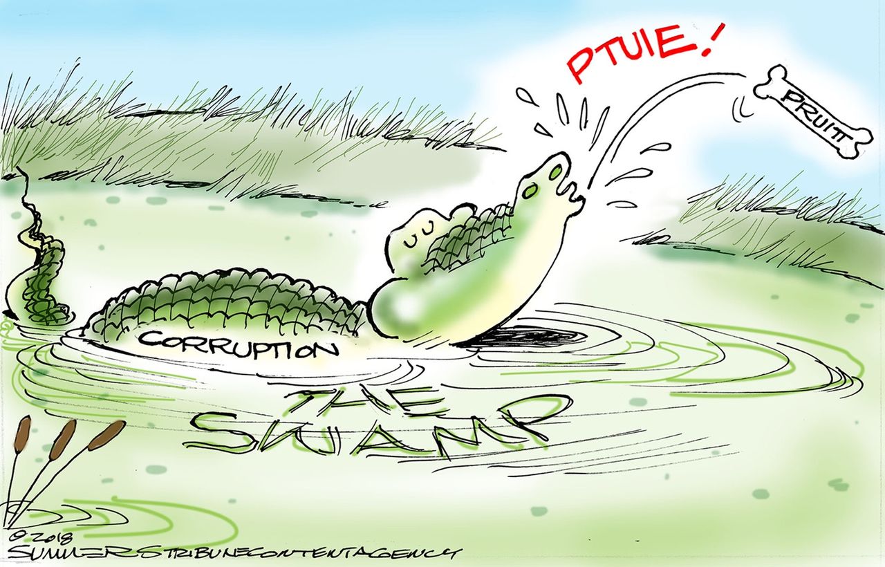 Political cartoon U.S. Scott Pruitt EPA resignation Trump administration corruption swamp