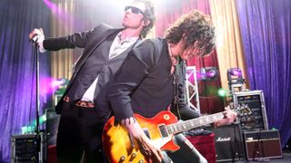 Scott Weiland and Dean DeLeo of Stone Temple Pilots performs at the bands tour announcement held at a private residence on April 7, 2008 in West Hollywood, California.