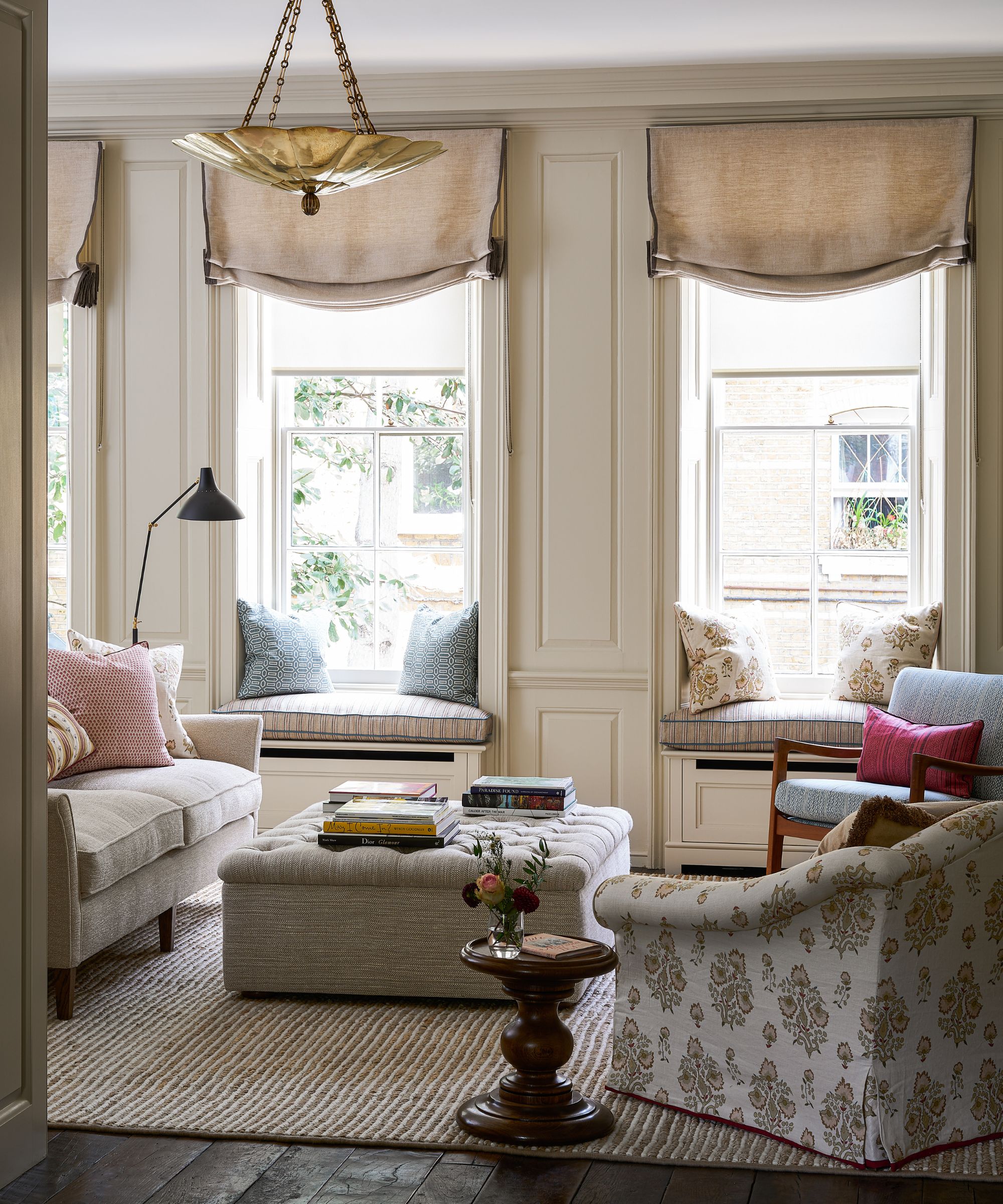 neutral living room with layered lighting