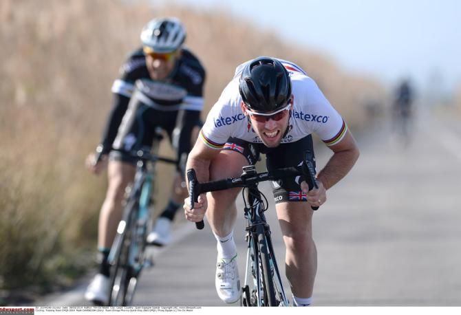 A familiar sight as Mark Cavendish gives it full gas during some sprint training at the Omega Pharma-QuickStep camp in Calpe