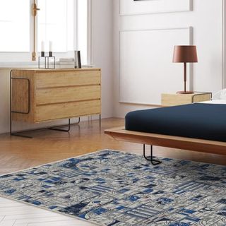 A blue rug in a teenage boy bedroom