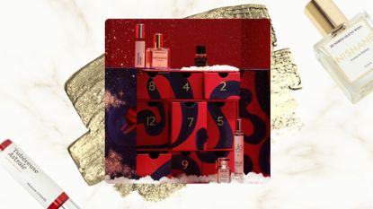 Image of the John Lewis Fragrance Advent Calendar 2026 on a white and gold marble background with gold glitter swatch and two perfume bottles