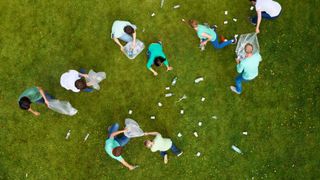 A birds eye view picture of a group of people volunteering