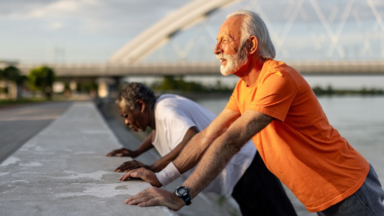 man in an orange tshirt and man in a white tshirt behind him both sideways to the camera performing press ups against a low wall outside. 