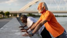 man in an orange tshirt and man in a white tshirt behind him both sideways to the camera performing press ups against a low wall outside.