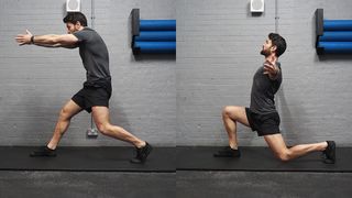 Trainer Luke Goulden demonstrates two positions of the split squat modified gunslinger movement