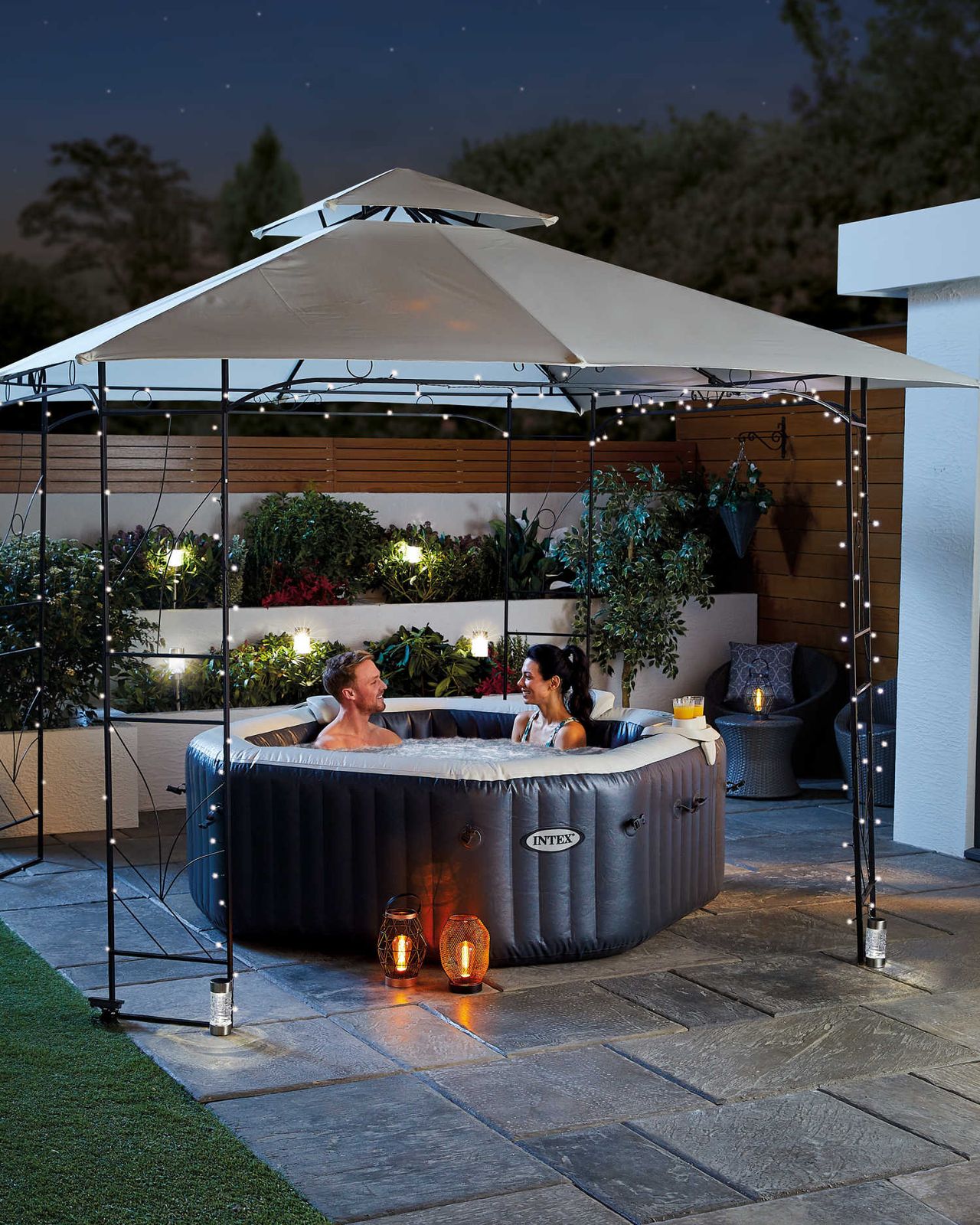 Aldi gazebo in garden with hot tub