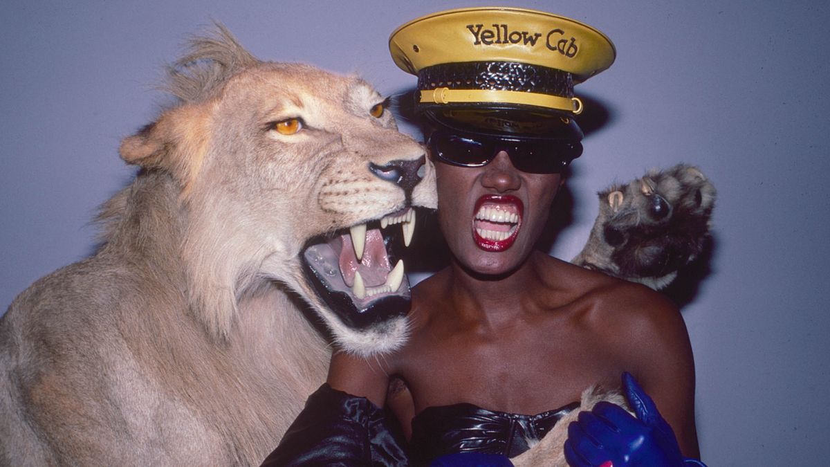 Grace Jones and a stuffed lion