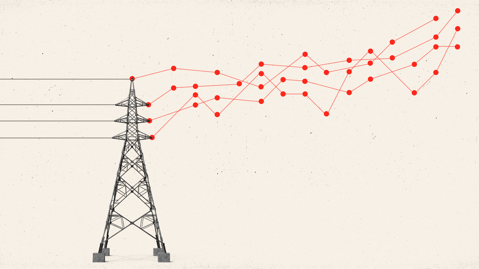 Illustration of an electricity pylon with power lines ascending like a graph