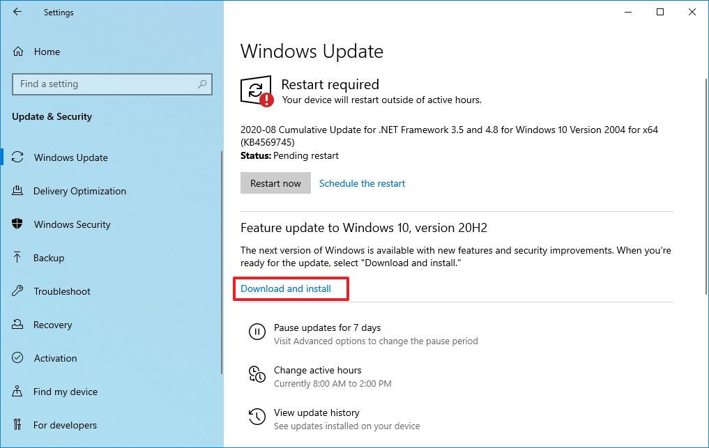 Windows 10 version 20H2 download and install option