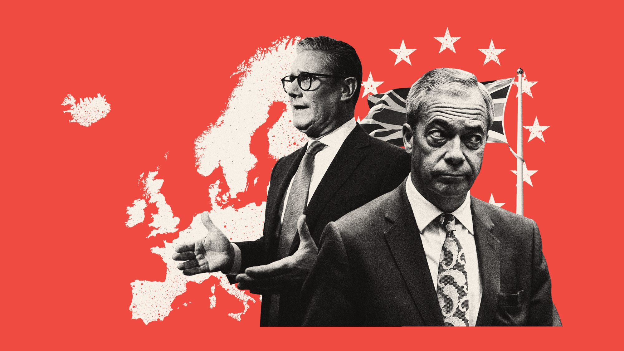 Photo composite illustration of Sir Keir Starmer, Nigel Farage, a map of Europe and a British flag