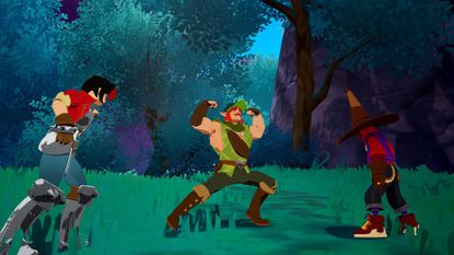 Three fantasy characters stand and face each other in the woods, while one green-wearing man flexes his biceps in a screenshot from LORT.