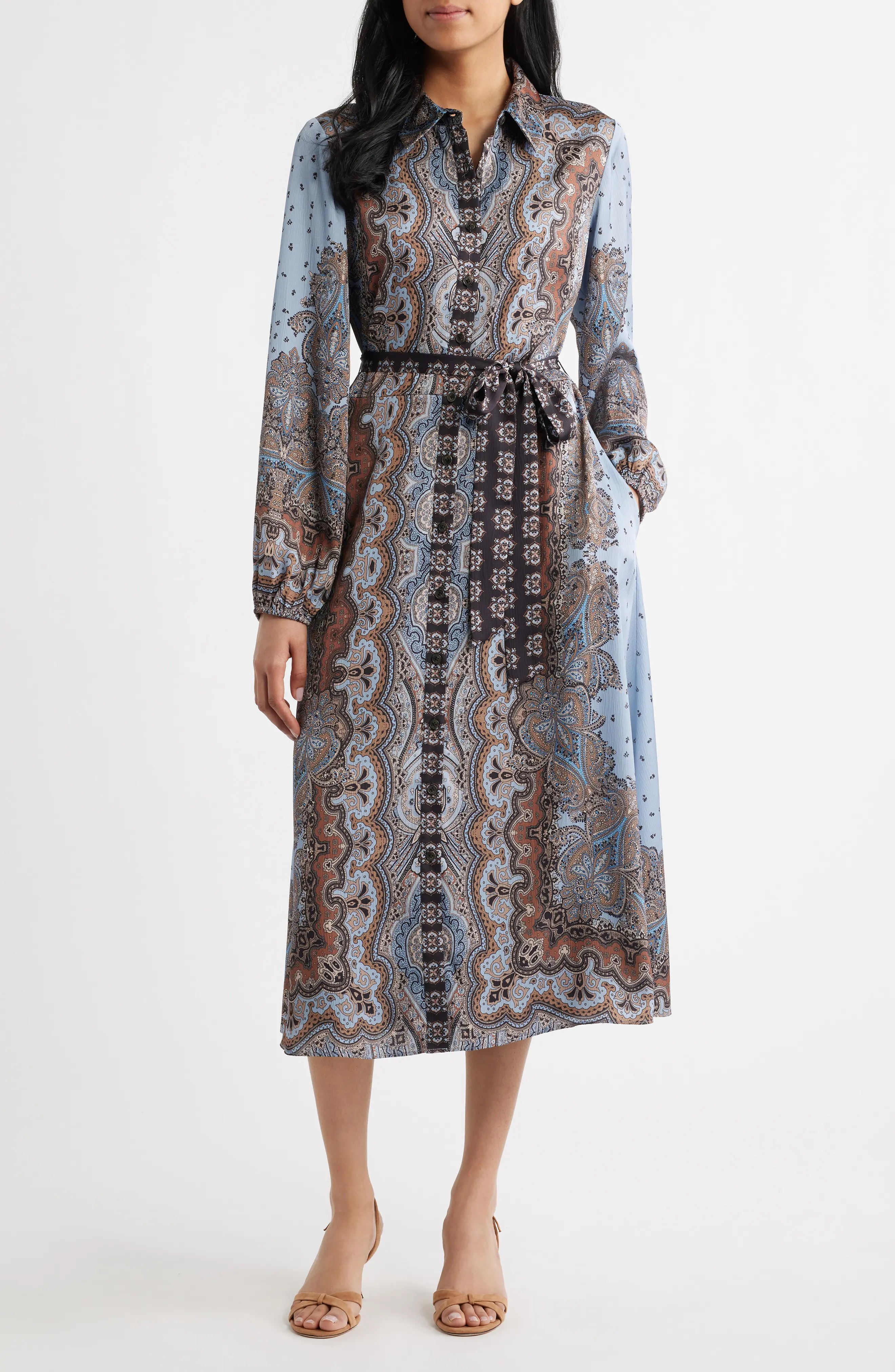 Mixed Paisley Long Sleeve Midi Shirtdress
