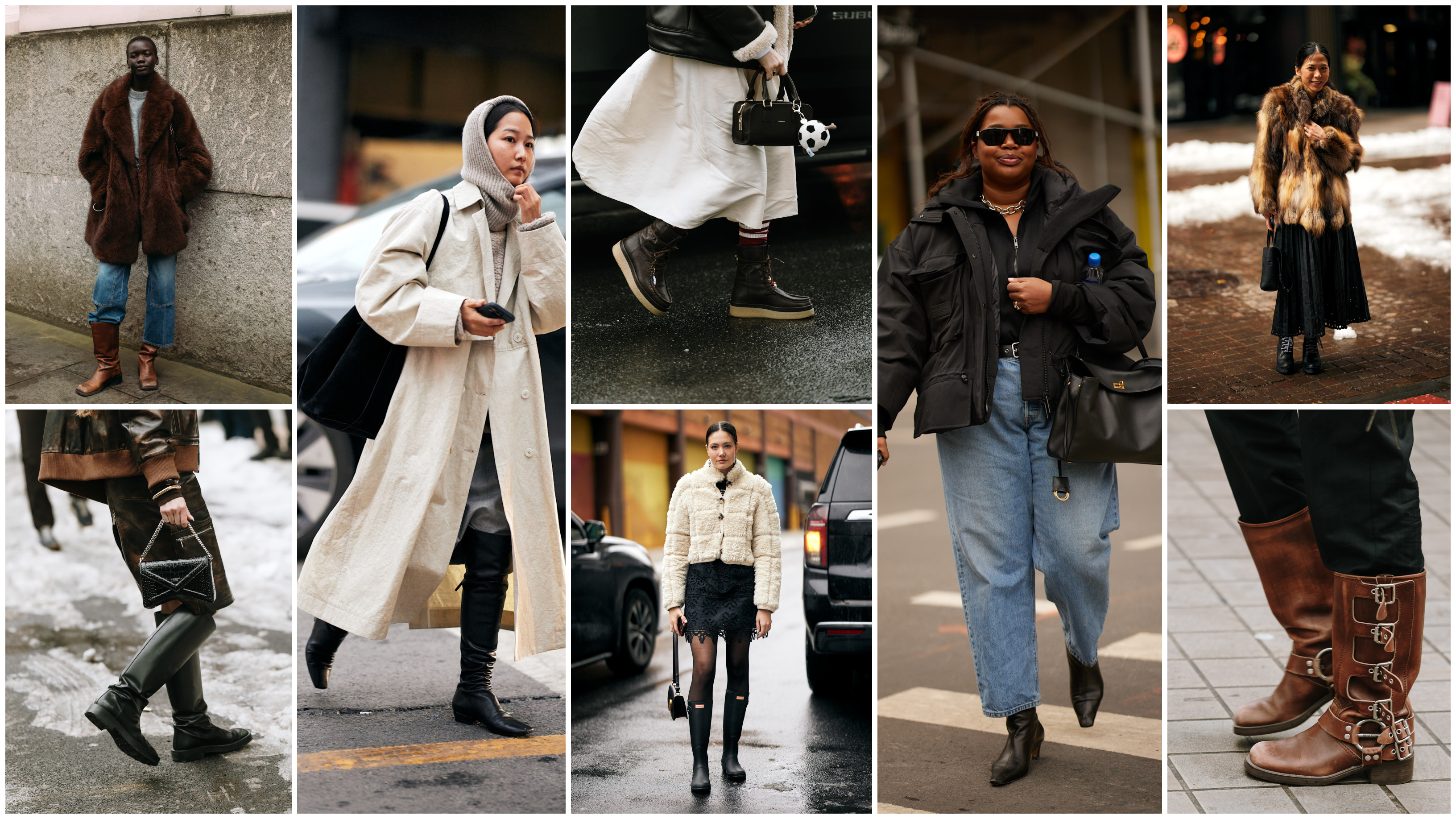 a collage of women at new york fashion week wearing winter boots and shoes